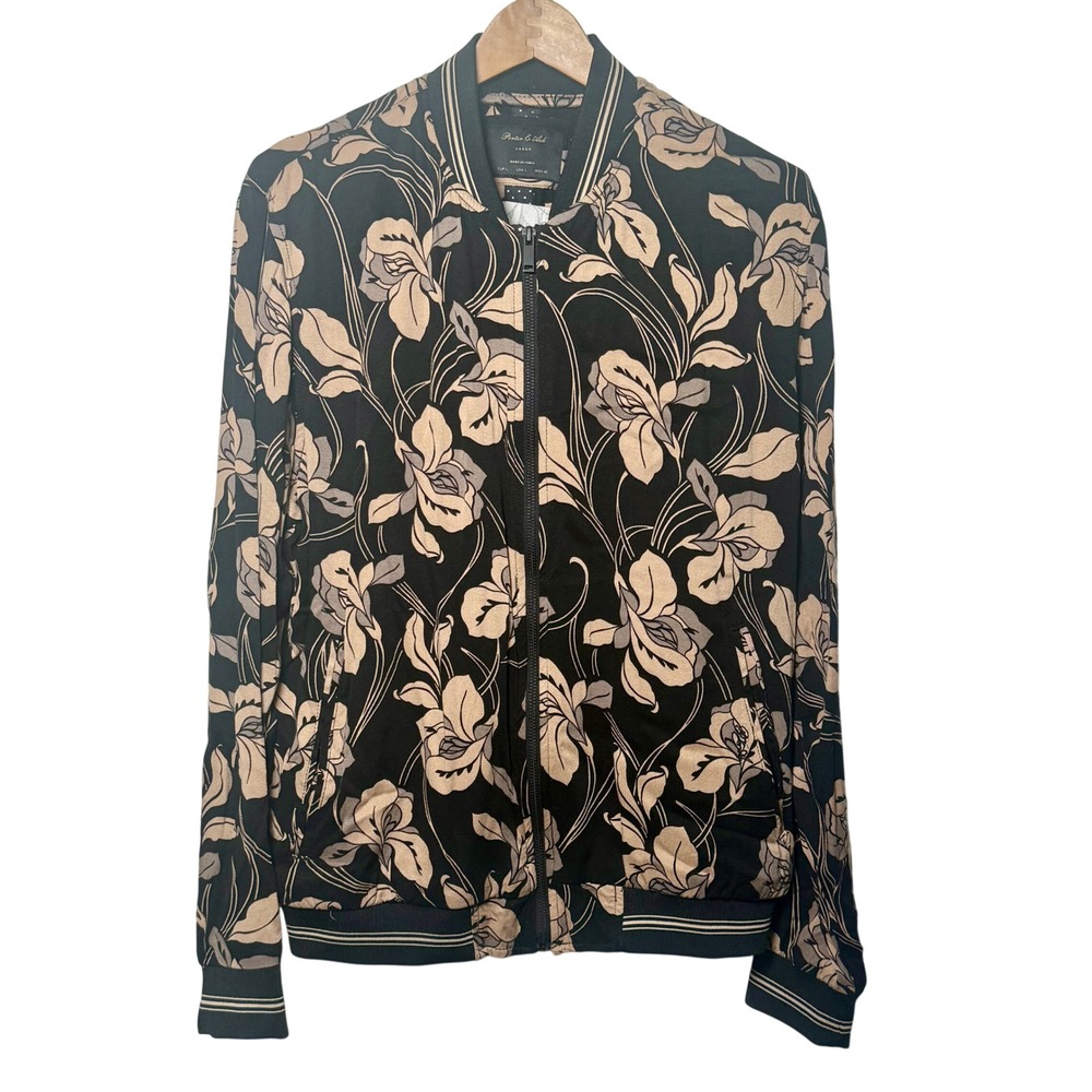 Porter & Ash Bomber Jacket Black Tan Floral Print Full Zip Large